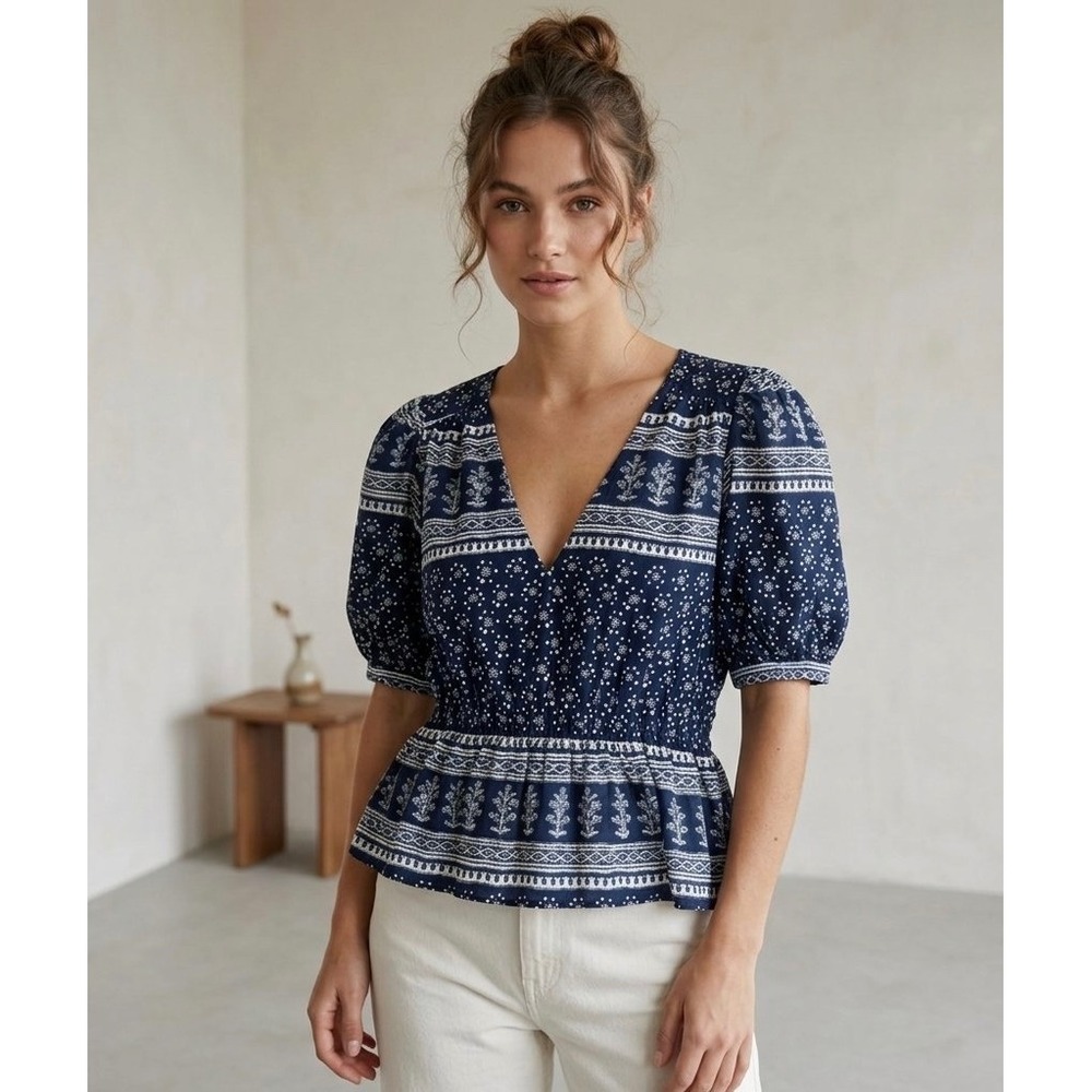 Zara XL Navy Bandana Floral Print Puff Sleeve Linen Blend Peplum Top Prairie